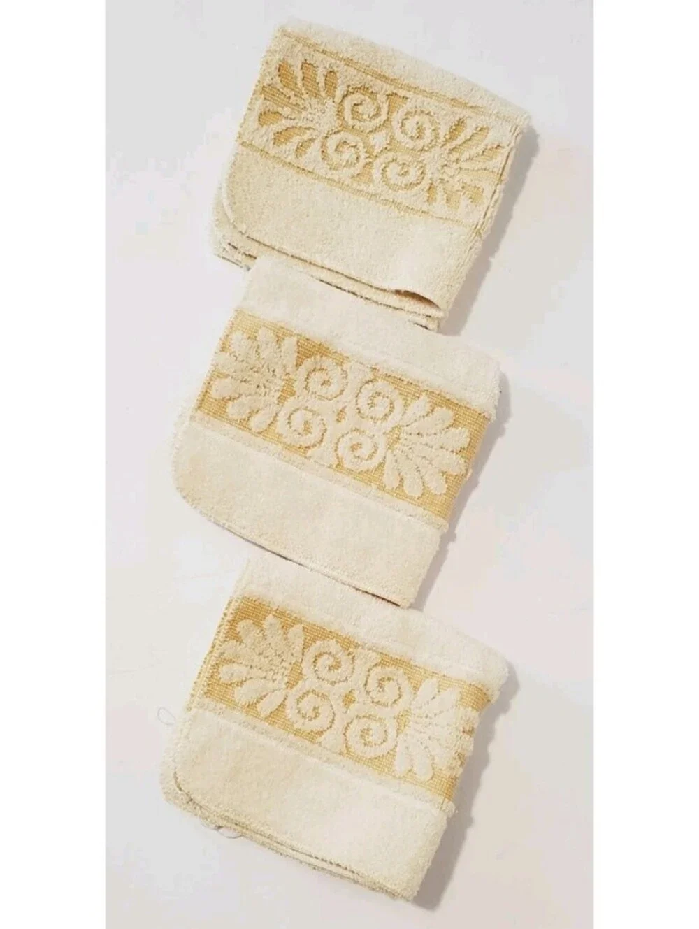 Vtg Cannon Monticello Yellow Floral Fringe Washcloth Towels MCM Set 3